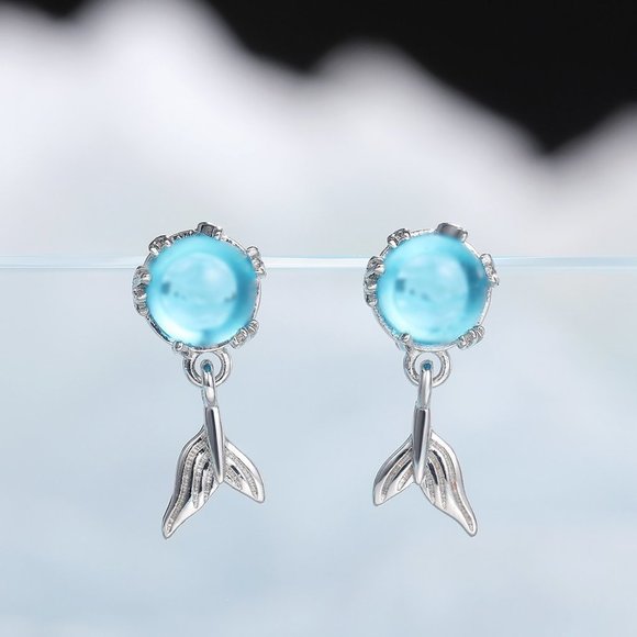 🍁Beautiful Mermaid Tear Round Sea Blue Stud Earrings, MLNN1159 - Picture 2 of 5